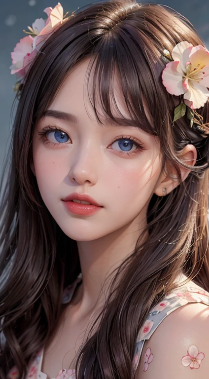 (Best quality,4K,8K,A high resolution,Masterpiece:1.2),Ultra-detailed, themoon, Clouds,natta, 1girll,ssmile、brunette color hair、updo、Red lips、Steady、intelligence, Hairpins, Hair flowers,Blue eyes,Long hair,hydrangea,Oblique bangs ,独奏, station,painting of a(curly),Traditional media, high high quality,Peach blossom background。