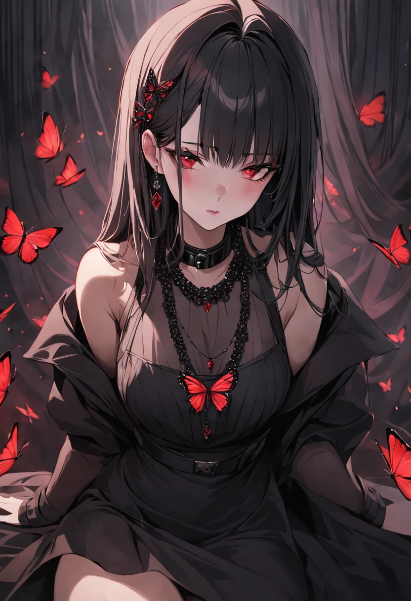 Poker face,,(dark fantasy),((Wonderful illustrations)),(Details fly), long black hair, red pupils, girl, Solid black dress, collar only, The cuffs and skirt are dark red, There is a red butterfly hairpin pinned next to her ear., masterpiece, best quality, high quality, scarf,, Red and black crystal necklace,