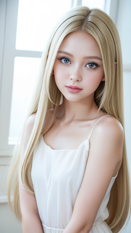White skin, smooth, beautiful, shiny, Beauty that is incomparable, extraordinary beauty, Looks gentle, bright and fresh., Perfectly beautiful, cute face, shiny platinum blonde. Extra long straight hair, Smooth, shining, beautiful, A very beautiful and cute girl wearing a yellow shirt., eyeliner, So perfect, beautiful, cute, big clear blue eyes.