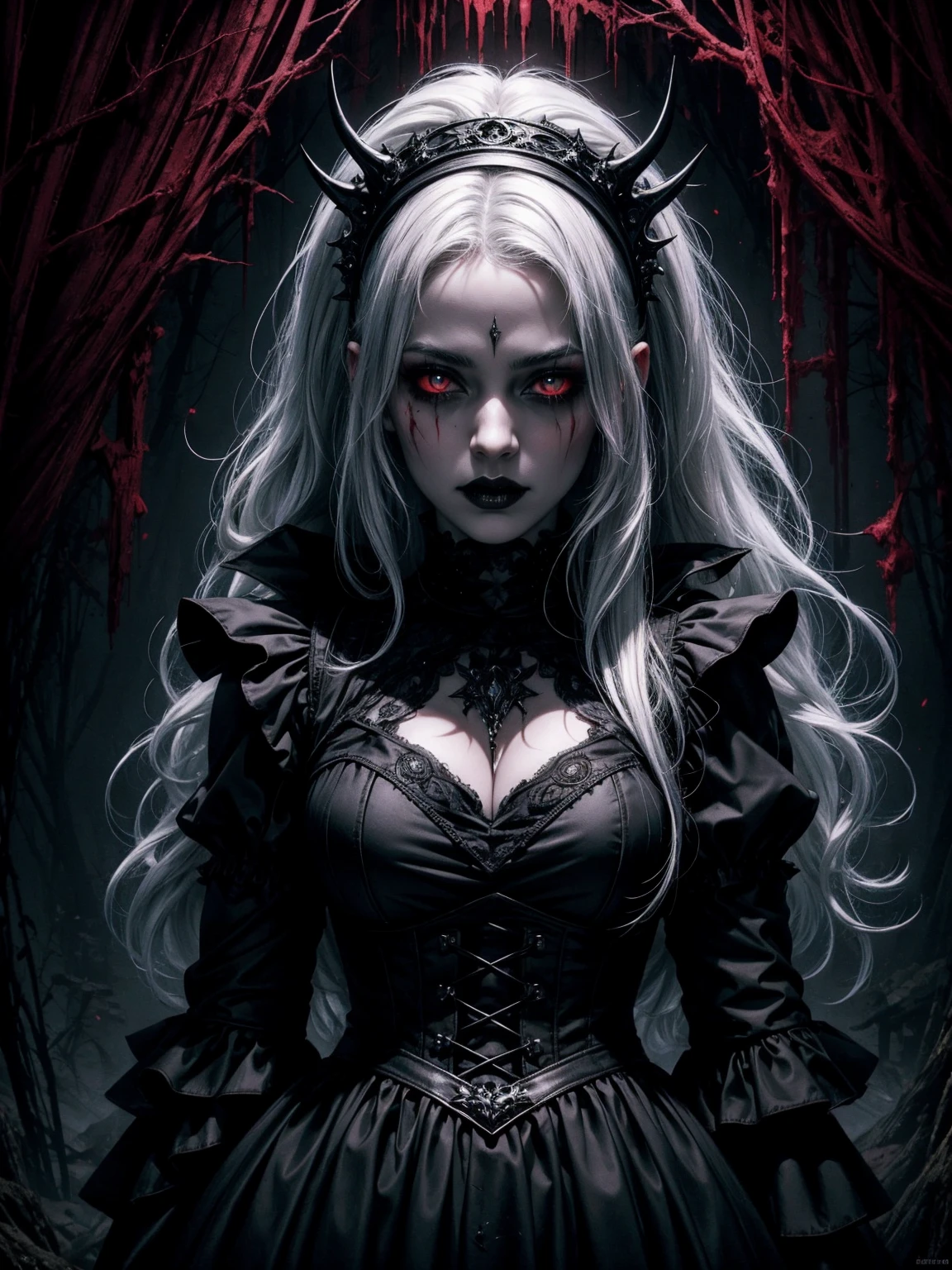 A Gothic image, women in black dress, white hair, Black lipstick, Red eyes, glowing eyes, blood on face, horror theme, dark forest background, portrait, Gothic women, masterpiece quality, UHD, super detailed image, sharp image, sharp eyes