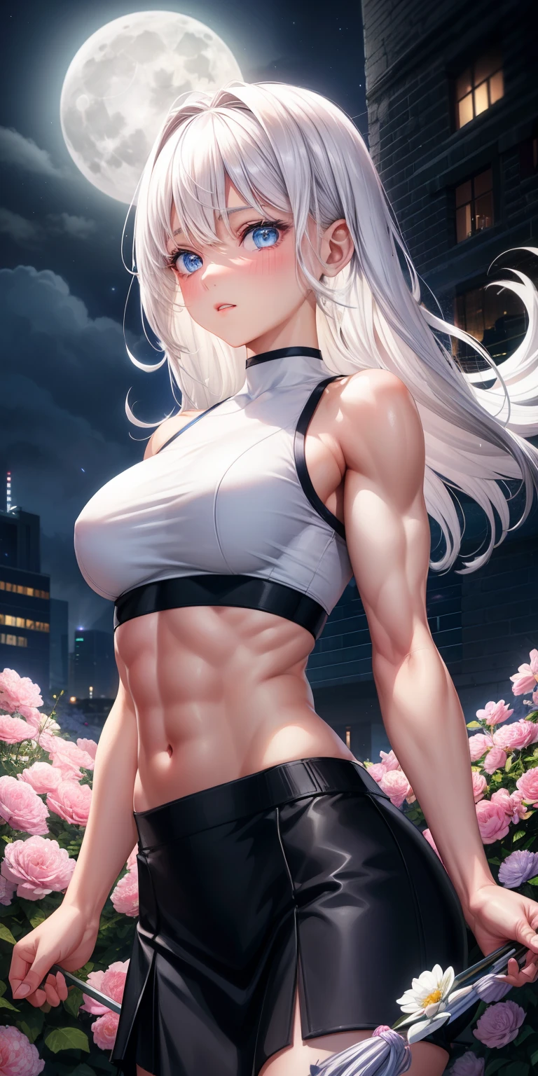 actual, 1 girl, white hair, blue eyes, glowing eyes, crop top, skirt, open lips, blush, Gym, flowers, night, moonlight, abdominal muscles, muscle , biceps