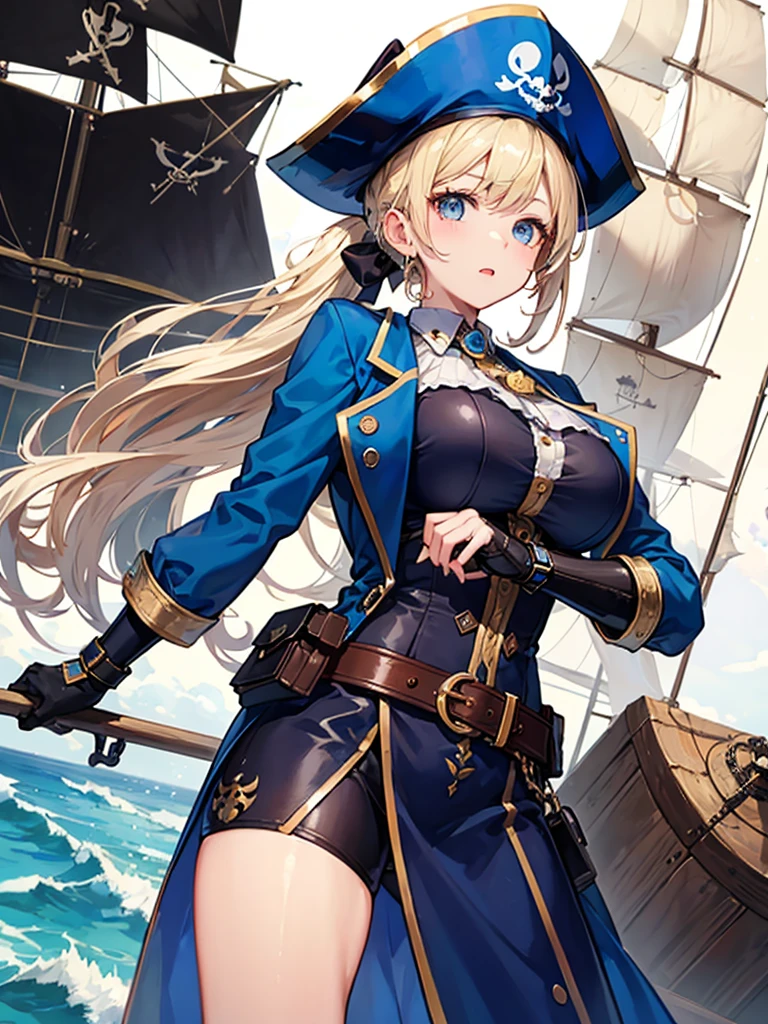 （（（masterpiece、Highest image quality、highest quality、highly detailed unity 8ｋwallpaper）））、（（Illustration of one girl、upper body））、（（（beautiful girl）））、（fantasy、female pirate）、（blonde、short ponytail：1.2、light blue eyes）、（（（The right arm is a steampunk-style prosthetic arm.）））、（（tall））、bulky figure, massive frame, thick neck, sturdy arms, powerful legs、（captain&#39;s suit、Pirate hat、Blue coat）、pirate shipのデッキ、pirate ship