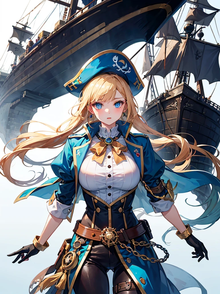 (((masterpiece、Highest image quality、highest quality、highly detailed unity 8kwallpaper)))、((Illustration of one girl、upper body))、(((beautiful girl)))、(fantasy、female pirate)、(blonde、short ponytail:1.2、light blue eyes)、(((The right arm is a steampunk-style prosthetic arm.)))、((tall))、bulky figure, massive frame, thick neck, sturdy arms, powerful legs、(captain's suit、Pirate hat、Blue coat)、pirate shipのデッキ、pirate ship