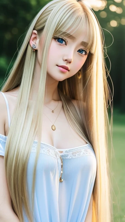 1 girl, 19 years old, solo, super long straight hair, huge , bright look、Looking at Viewer, ((Glossy bright silky blonde hair))、Very beautiful eyes and disheveled bangs between the nose and eyes、white skin、Shining beautiful skin、Glossy skin、gross face、cheek gloss、small face beauty、bare shoulders, jewelry, whole body, (Highly detailed 8K wallpaper), soft lighting, high quality, film grain, Fujifilm XT3 sharp focus, F 5.6, high detail, Tits sharp focus,(natural light), (Close-up:1.2), (seductive tits), off shoulder t-shirt, Reality, sexy、She has beautiful big bright pale blue eyes、very big eyes、eyeliner、young face、round face、cheek glossハイライト