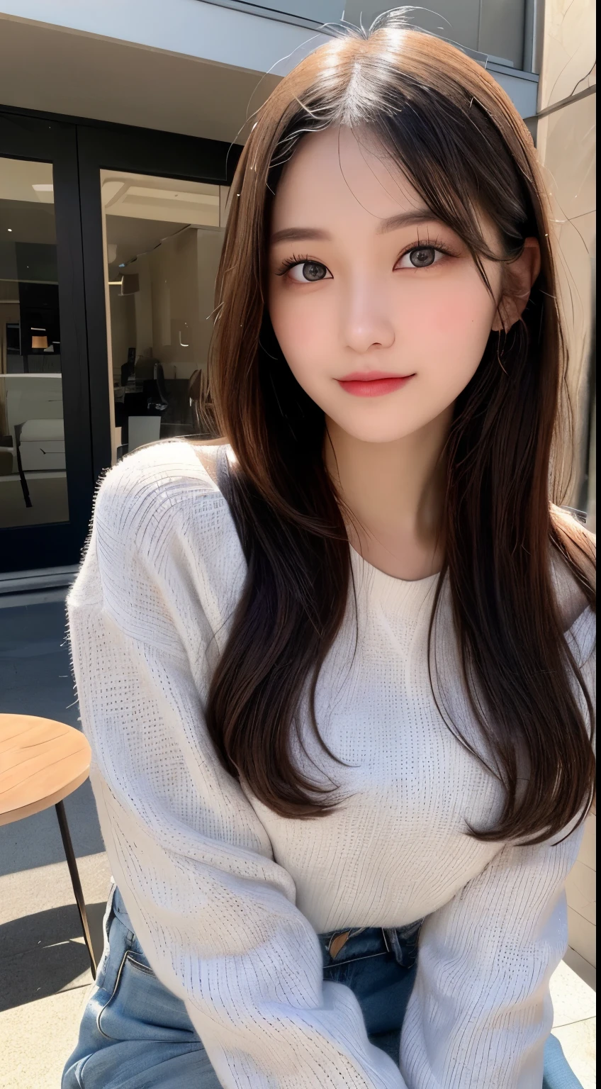 table top, highest quality, shape, Super detailed, finely, High resolution, 8k wallpaper, 完璧なダイナミックな構shape, beautiful and detailed eyes, Latest trend fashion Tokyo winter clothes,medium hair, small breasts, natural color lip,smile,20 year old girl、midnight、beautiful and detailed face、perfect and beautiful face、slim face and style,spread your arms wide,Big eyes,Take a photo from below the knees at a face angle、small face、beautiful detailed face、perfect and beautiful double eyelids