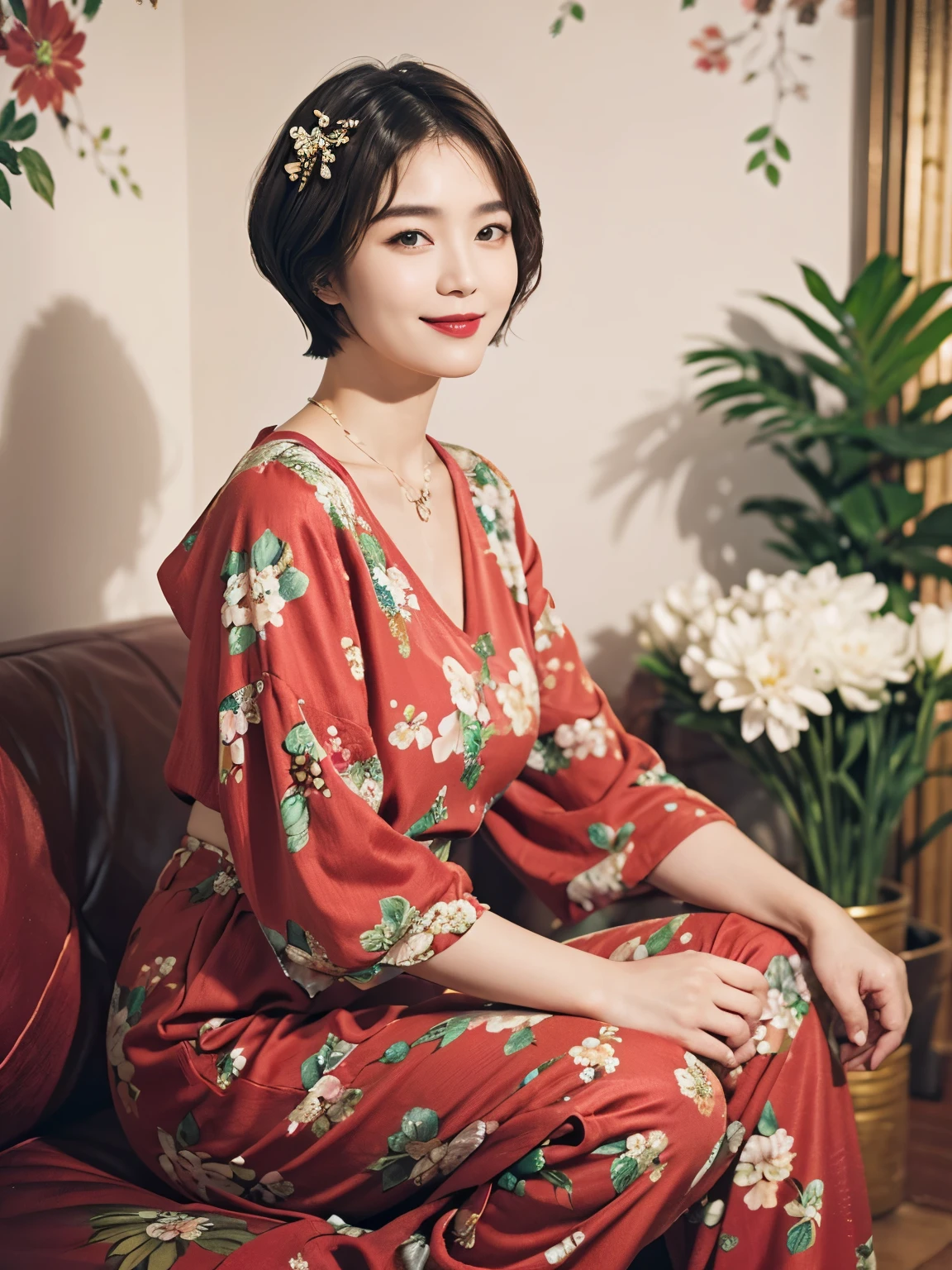 149
(20 year old woman,floral print outfit,pants), (Super realistic), (high resolution), ((beautiful hairstyle 46)), ((short hair:1.46)), (gentle smile), (brest:1.1), (lipstick)
