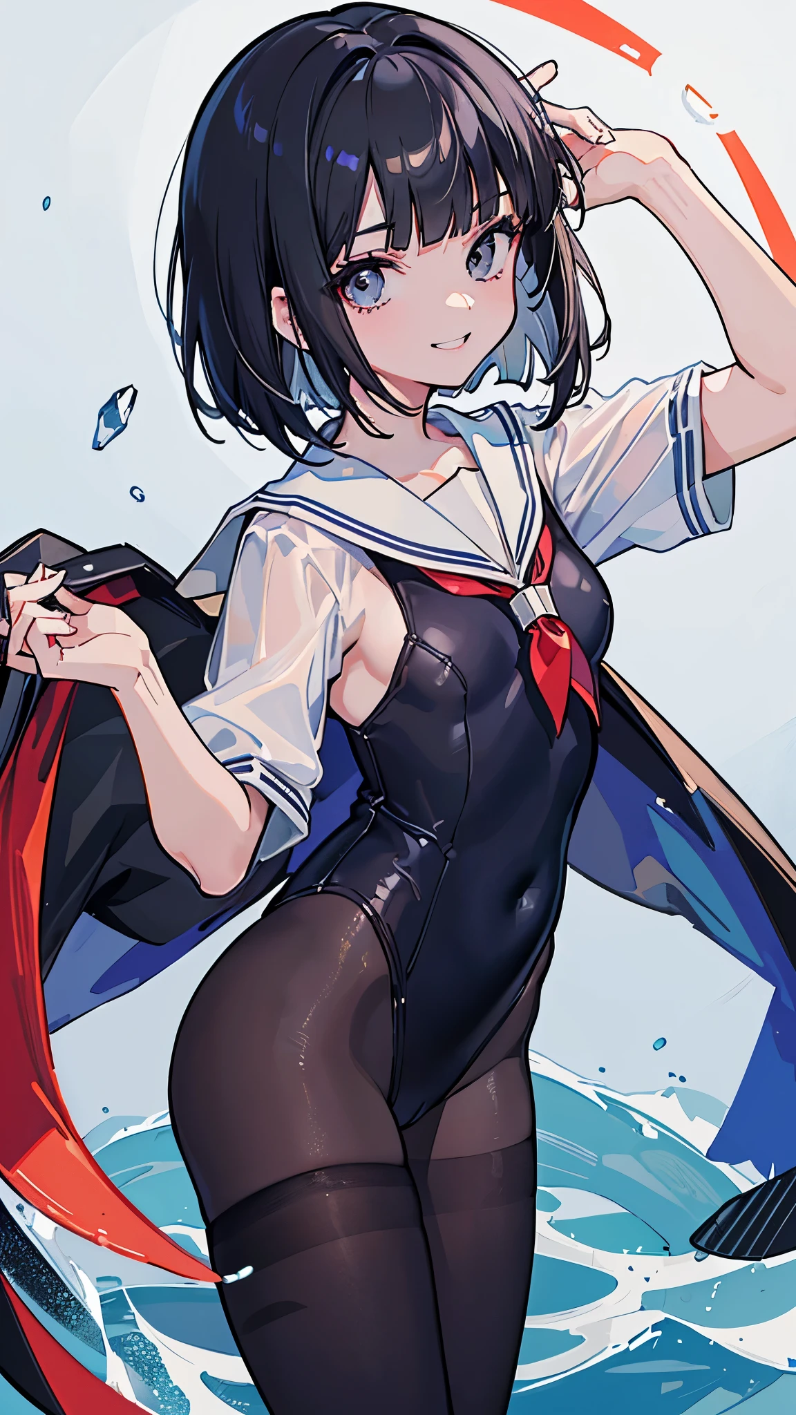 (8K、Highest image quality、highest quality、masterpiece)、detailed face、1 girl、black hair、bob cut、blunt bangs、gray eyes、tooth、smile、small breasts、((sailor suit))、short sleeve、leotard、black pantyhose、cowboy shot、Taken from above、night view background