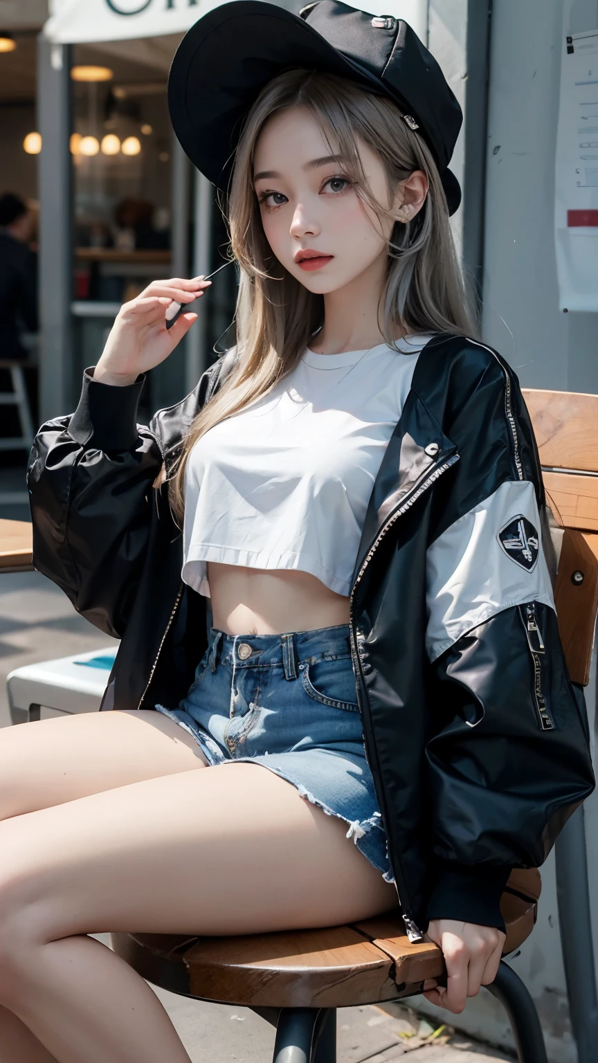 A girl with silver long hair and black hat sitting on the chair make crop top shirt and a black jacket in cafe
