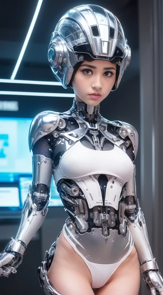 (The cyborg:1.1), (femboy:1.7), (Suki Waterhouse:1.2). (face portrait:1.0). Lexx , Mass Effect , Galaxina, Terminator, Metropolis. (masculine body:1.6). (She is entirely made from plastic and aluminum). (simple mechanical engineering:1.5). (neatly drawing all mechanical parts:1.6). (neatly drawing eyes:1.5), (Garson short haircut:1.5), (open helmet:1.4), (arms behind back:1.5). articulated metal arms, unhuman articulate cybernetic face. there are metal inclusions on her face. unhuman gaze. (identical unhuman cyborg's optical sensors:1.4). (her body is made from polished aluminum and translucent white plastic:1.4). beautiful perfect face, perfect articulate hands with five perfect articulate fingers. very sexy. mechanistic design, cyberpunk, causing sexism. (cyborg's fingers:1.3). (enhanced image quality:1.5), (sharp focused photography:1.5).