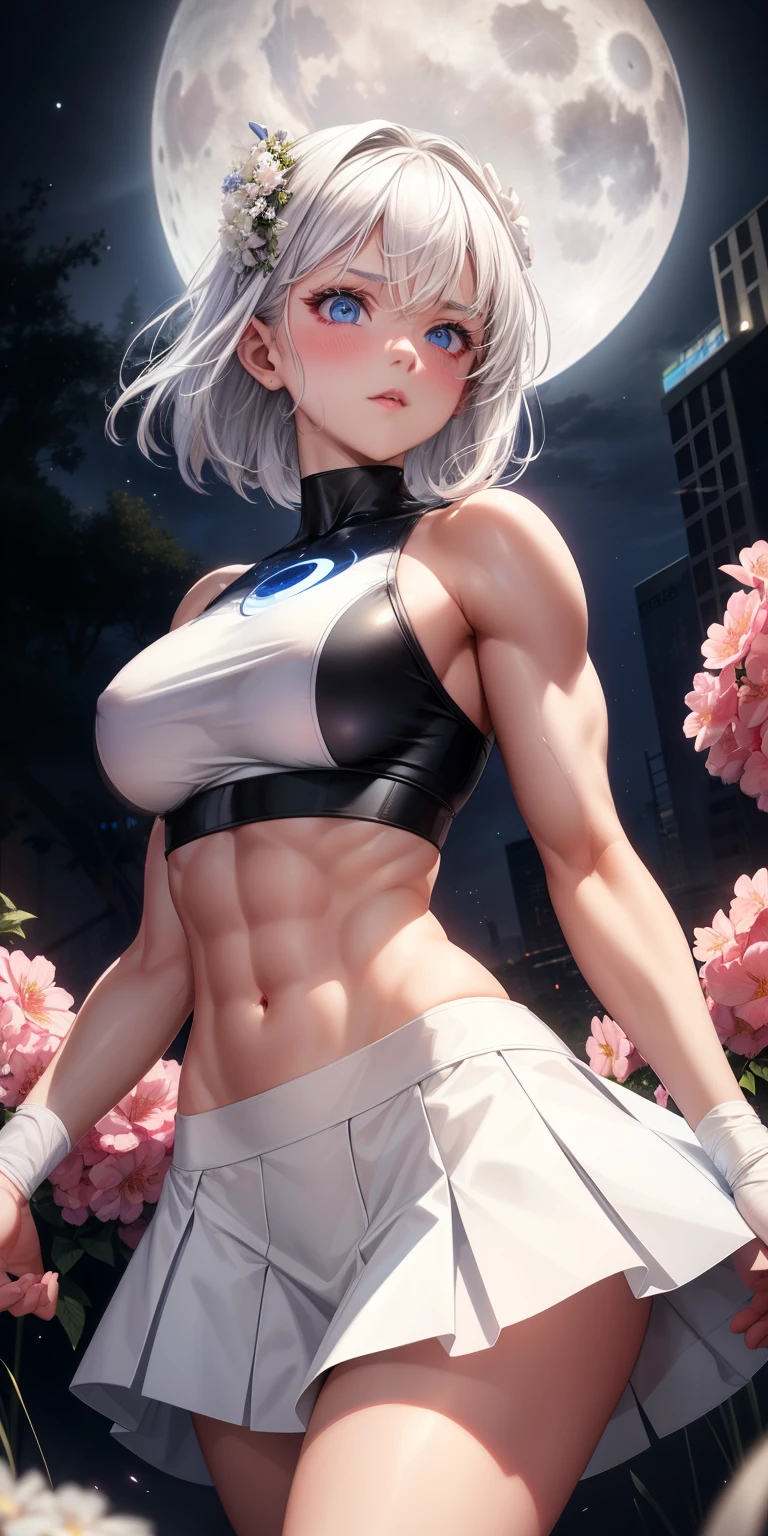 actual, 1 girl, white hair, blue eyes, glowing eyes, crop top, skirt, open lips, blush, Gym, flowers, night, moonlight, abdominal muscles, muscle , biceps