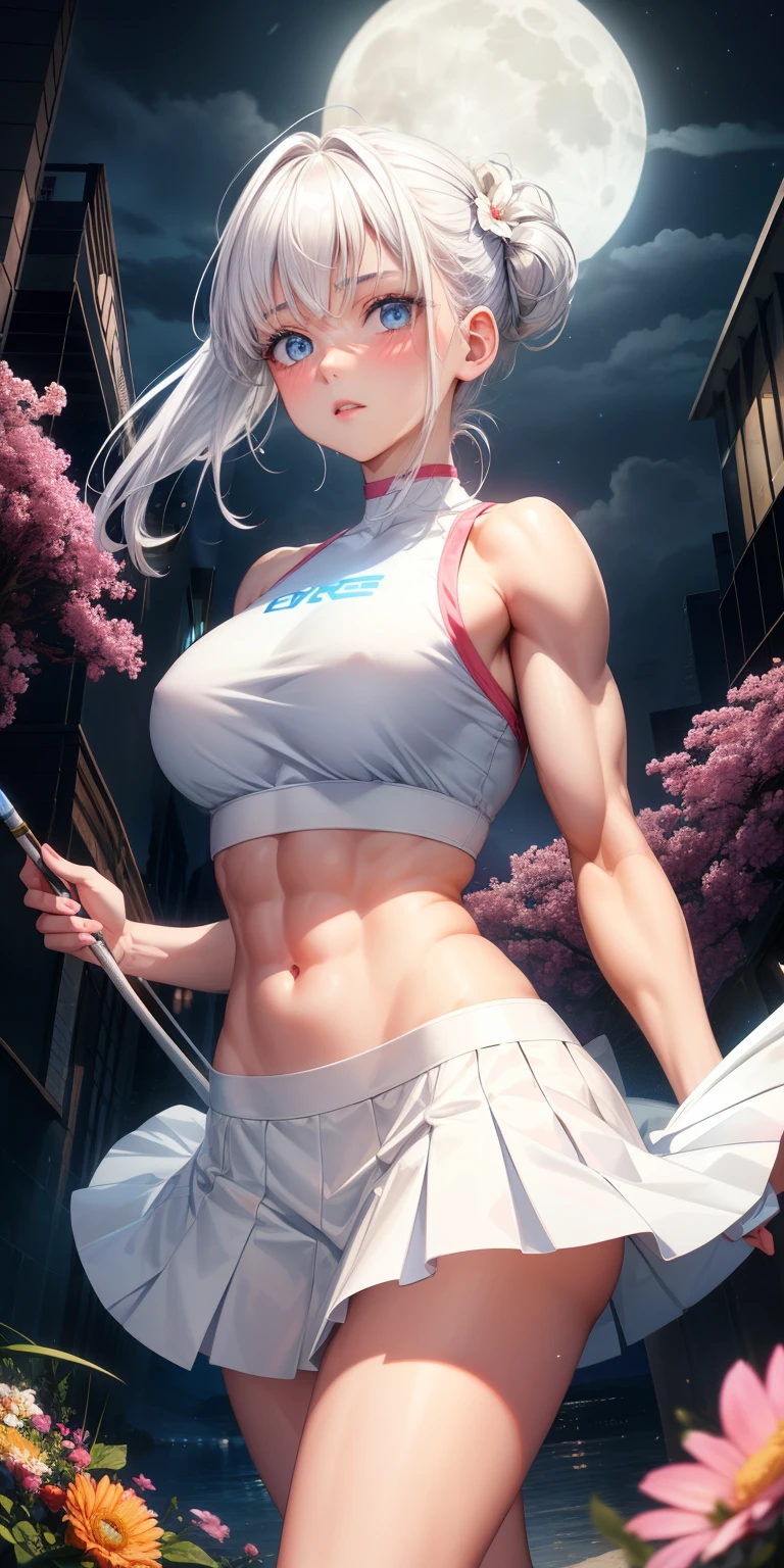 actual, 1 girl, white hair, blue eyes, glowing eyes, crop top, skirt, open lips, blush, Gym, flowers, night, moonlight, abdominal muscles, muscle , biceps