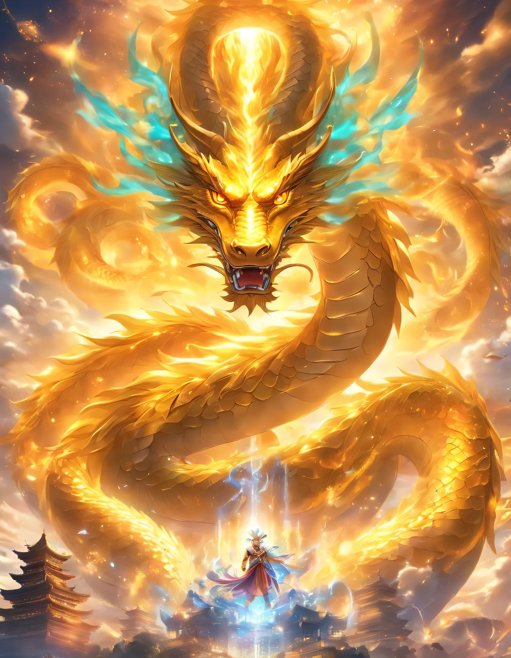 「Illustration of Golden Dragon God。Long as a snake、superior、Thang Long、clear sky、Spirit、、Chakras、The real world、excellent」