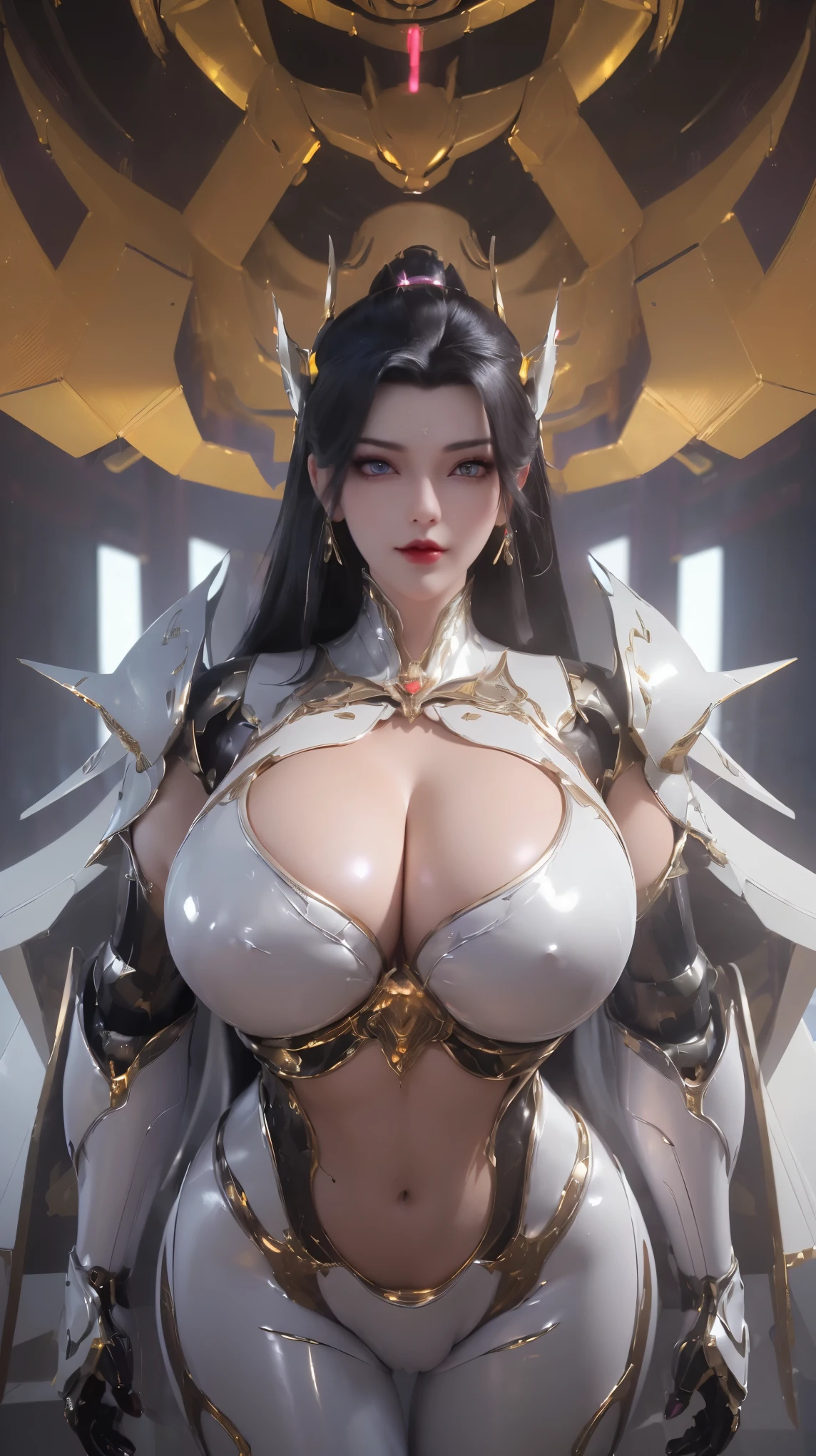 UPPER BODY,CLOSE UP HALF BODY,SOLO,(BEAUTY BLACK HAIR,GOLDEN DRAGON HORN:1.3), (NSFW,HUGE OPPAI,CLEAVAGE TOP,MUSCLE ABS:1.5), ((WEARING OUTFIT PURPLE,WHITE SHINY MODERN MECHA FUTURISTIC SKIMPY BIKINI ARMOR,ROBOT MECHA SEXY ARMOR:1.5)),(CURVY VOLUPTUOUS BODY MATURE WOMAN:1.5), (SWEATY GLOSSY BODYSKIN:1.5), (LOOKING AT VIEWER:1.6),(HALLROOM OF FUTURISTIC SPACE STATION:1), (PHOTOREALSITIC:1.4), (ULTRA-DETAILLIERT), (TOP-QUALITY), (BEST SHADOWS), (​MASTERPIECE), BRIGHT LIGHT IN ROOM, HYPER TEXTURE, (4X MSAA), ((UNREAL ENGINE 5 RENDER)), PHYSICALLY-BASED RENDERING, ULTRA HIGHT DEFINITION, 16K, 1080P.