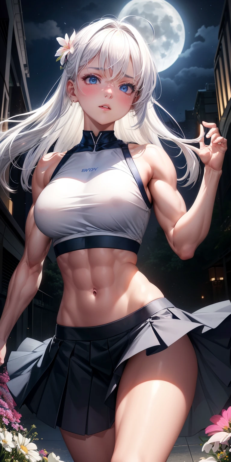 actual, 1 girl, white hair, blue eyes, glowing eyes, crop top, skirt, open lips, blush, Gym, flowers, night, moonlight, abdominal muscles, muscle , biceps