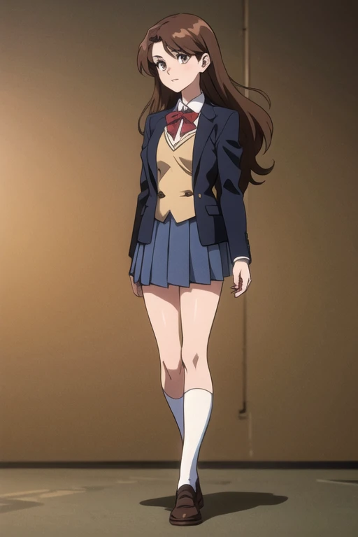 1 girl, (brown hair, long hair, caramel eyes) school uniform, blazer, 80's anime style, full body, medium layered hairstyle, background, (medieval kingdom )