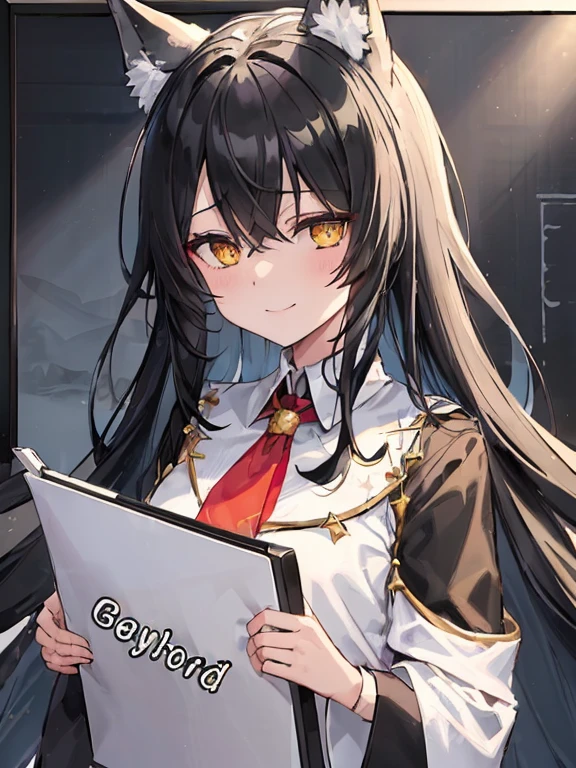 (((Holding White Board Front Viewer As Written Gay Lord))), Black Haired, (Long hairstyles), Yellow Vertical pupil,(Vertical Eyes), Wolf ears, (Wicked Smiles), A girl, Wearing a White Suit Design Fur under The Neck, Aesthetic Design, Underneath Black shirt, Red Necktie, ray,backlighting, masterpiece, best quality, exquisite,8k,absurdres ,super fine illustration,(looking at viewer), Back Ground, Wallpaper (((Snowy Forest Wolfs in corner))),