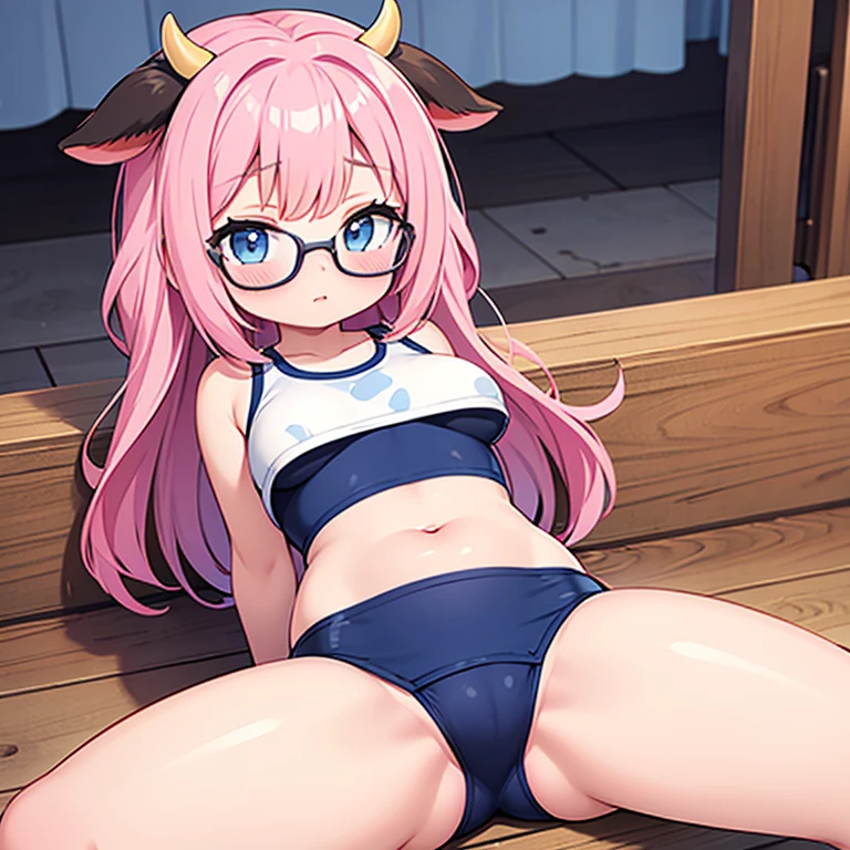 girl,slightly bigger breasts,Light blue school swimsuit,spreading legs wide,crop top,transformation,pink hair,glasses,,Cow clothes