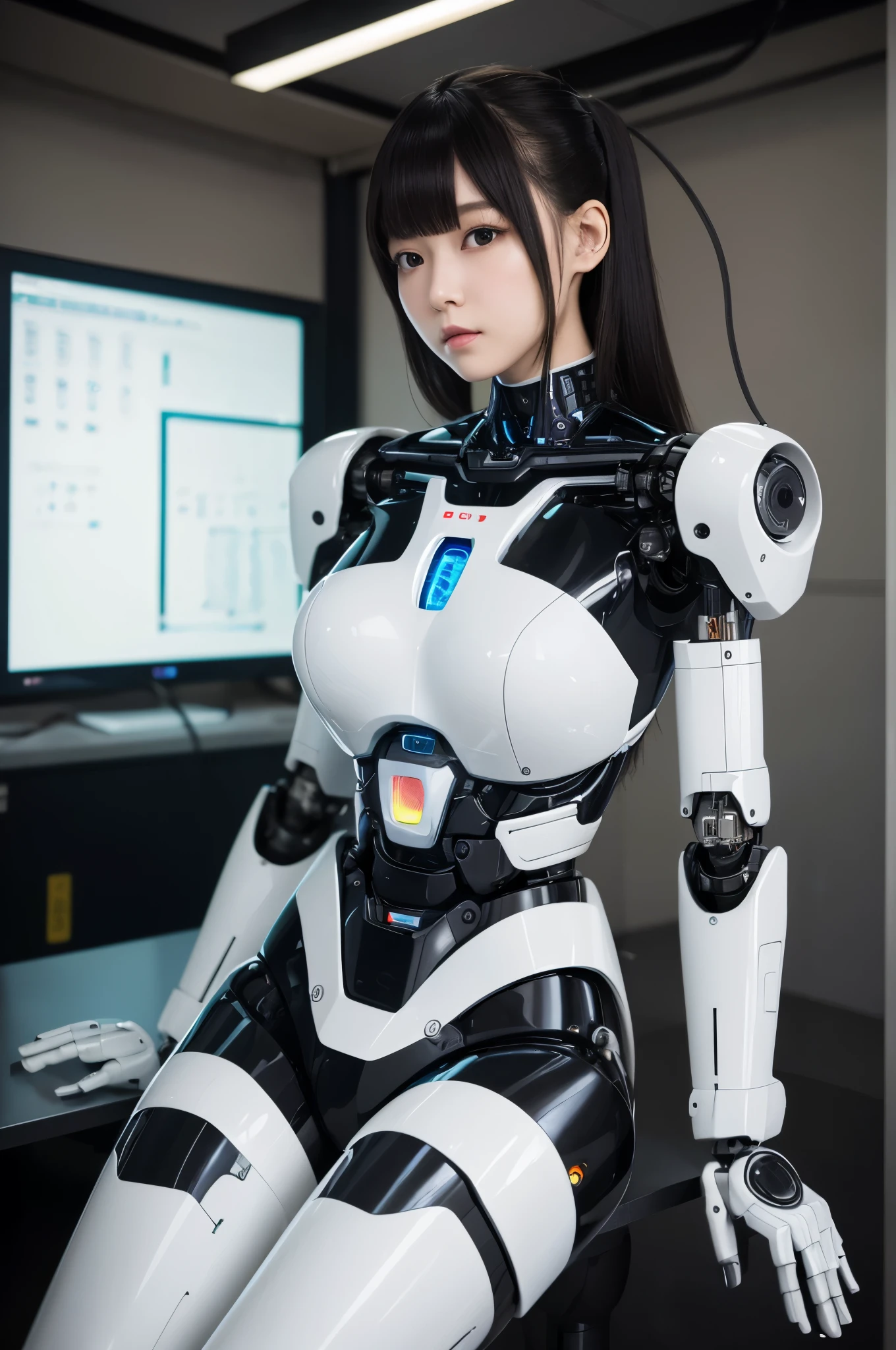 (realistic:1.4), (RAW photo)masterpiece, highest quality, very detailed, (8K, 4K, highest quality, High resolution, Super high resolution:1.1), Japaesecyborg少女,Plump , Control panel,アンdroid,droid,mechanical hand, robotの腕と脚, 黒のrobot部品,black hair,Machine body,dull bangs,White robotics parts,perfect robot girl,long tube,A thick cable was connected to her neck.,ceramic body ,Machine body, mechanical ear covers, mechanical costume,アンdroid,robot,humanoid,cyborg,japanese アンdroid woman ,Mechanical chest of drawers,full eyes,The laboratory of the future,connect the cable between the legs,a little chubby,