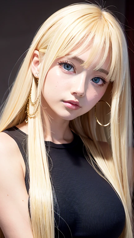 1 girl, 19 years old, solo, super long straight hair, huge , bright look、Looking at Viewer, ((Glossy bright silky blonde hair))、Very beautiful eyes and disheveled bangs between the nose and eyes、white skin、Shining beautiful skin、Glossy skin、gross face、cheek gloss、small face beauty、bare shoulders, jewelry, whole body, (Highly detailed 8K wallpaper), soft lighting, high quality, film grain, Fujifilm XT3 sharp focus, F 5.6, high detail, Tits sharp focus,(natural light), (Close-up:1.2), (seductive tits), off shoulder t-shirt, Reality, sexy、She has beautiful big bright pale blue eyes、very big eyes、eyeliner、young face、round face、cheek glossハイライト