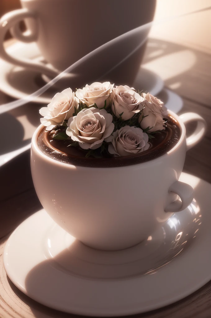 surreal image .coffee cup with flowers in the shape of a rose, in the style of ethereal and otherworldly atmosphere, screenshots, uhd image, love and romance, i can't believe how beautiful this is, light silver and dark brown, organic and flowing forms. screenshot in motion, ultra quality, hyper shadows and light, 32k