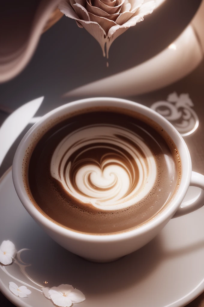 surreal image .coffee cup with flowers in the shape of a rose, in the style of ethereal and otherworldly atmosphere, screenshots, uhd image, love and romance, i can't believe how beautiful this is, light silver and dark brown, organic and flowing forms. screenshot in motion, ultra quality, hyper shadows and light, 32k