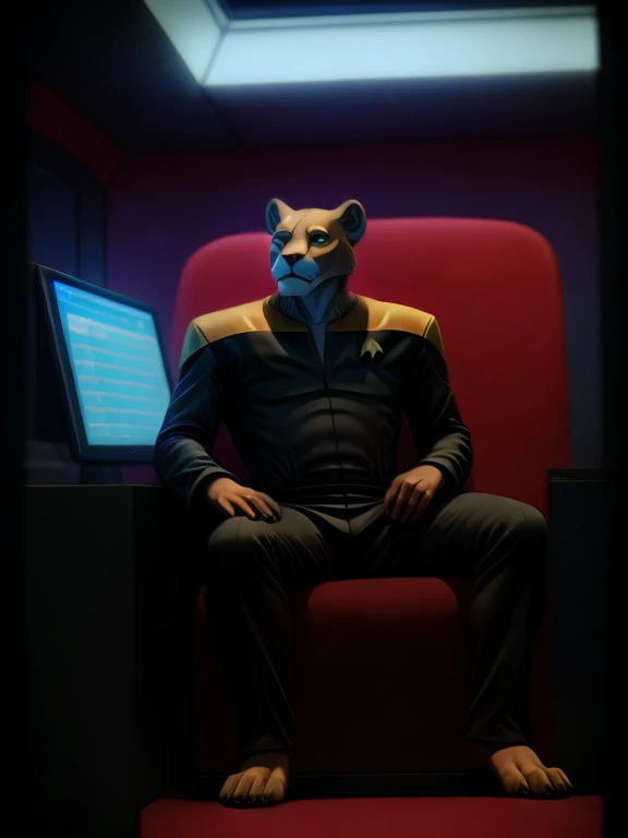 full body picture, full figure image, masterpiece, best quality, soft light, bokeh, real shadow, cinematic, The barefoot male muscular furry character resembling Scar from Lion King exudes confidence and authority as he sits in the captain's chair, and his red and black Star Trek Voyger uniform with the Starfleet Delta badge on his chest is a perfect match for his full figure. Handsome clawed feet paws dominate the bridge of the ship and its crew. Long black pants and red and black shirt without sleeves. Bridge of starship with many screens and consoles as background. high resolution, anatomically correct, digital art style, photoreal, visible feet, nice big paws with pawpads