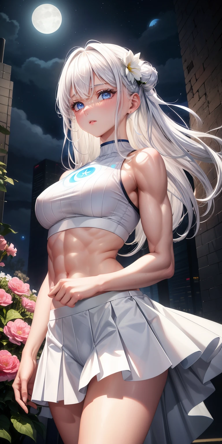 actual, 1 girl, white hair, blue eyes, glowing eyes, crop top, skirt, open lips, blush, Gym, flowers, night, moonlight, abdominal muscles, muscle , biceps
