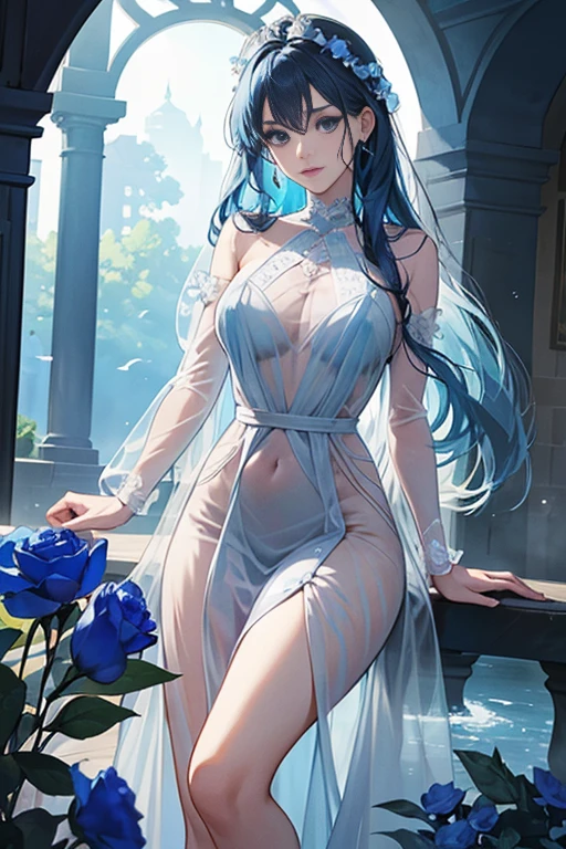 (highest quality, 8K, 32K, masterpiece, UHD: 1.3), 1 female, (Oversized: 1.3), perfect figure,, (attractive), (Sheer skin)) 、((((Transparent see-through dress))))、see-through dresses、lace sheer dress、Transparent dress、Sheer skin、Transparent dressを着た美しい裸の女性、solo、best style、big breasts、The most beautiful in the world、unparalleled beauty、long hair、 ((Roman baths)),、Blue lighting. concept art stunning atmosphere, blue atmosphere, beautiful concept art, Dark majestic gorgeous waterside、(blue water辺、blue water)、blue fountain、blue pottery、Blue Wall、Blue floor、blue reflection、blue window、get wet in blue water、Blue light、blue flower、Blue roses、blue lantern、Expressive、sexy pose、sexy design、pink nipples