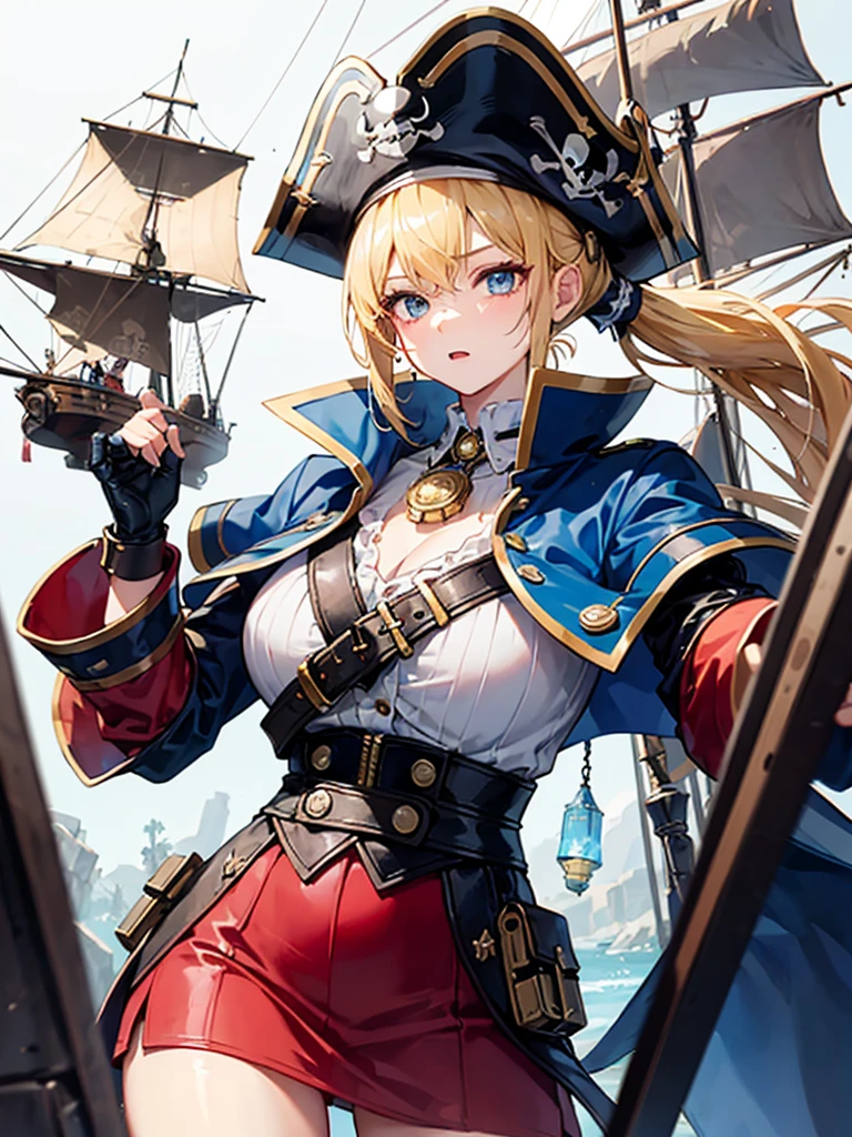 (((masterpiece、Highest image quality、highest quality、highly detailed unity 8kwallpaper)))、((Illustration of one girl))、(((beautiful girl)))、(fantasy、female pirate)、(blonde、short ponytail:1.2、light blue eyes)、(((The right arm is a steampunk-style prosthetic arm.)))、((tall))、bulky figure, massive frame, thick neck, sturdy arms, powerful legs、(captain's suit、Pirate hat、Blue coat)、pirate shipのデッキ、pirate ship