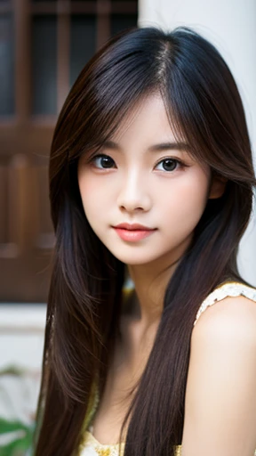 1girl,solo,smile,happy:1,long straight hair,straight bangs,look at viewers,brown eyes,looking at viewer,in studio,pure grey background,detailed skin,detailed face,studio light,parted lips,lips,bare shoulders,(black hair),(close up),messy hair,