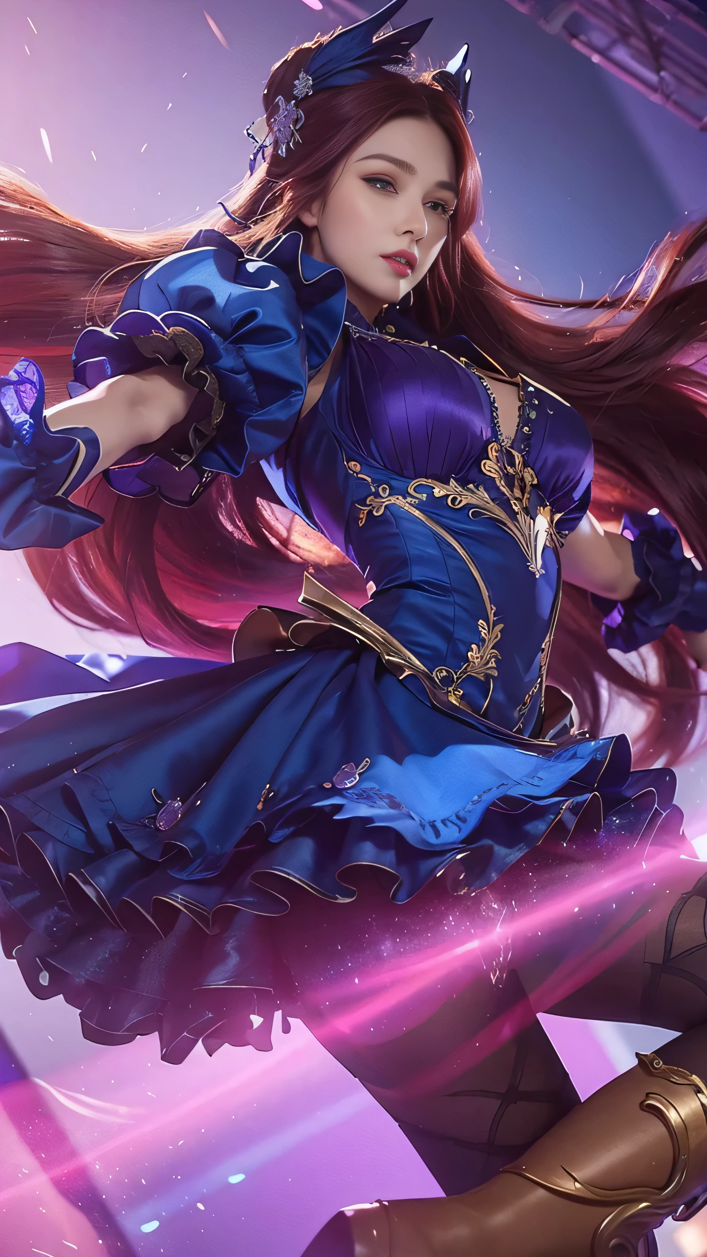 8k, highly detailed, photo realistic, close up of a beautiful woman in a blue dress, long purple hair