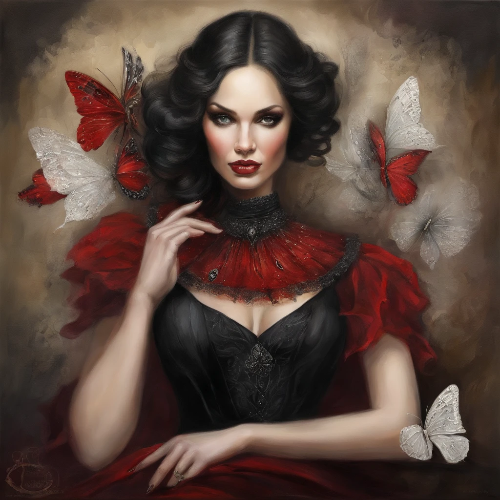 Poker face,,(dark fantasy),((Wonderful illustrations)),(Details fly), long black hair, red pupils, girl, Solid black dress, collar only, The cuffs and skirt are dark red, There is a red butterfly hairpin pinned next to her ear., masterpiece, best quality, high quality, scarf,, Red and black crystal necklace,