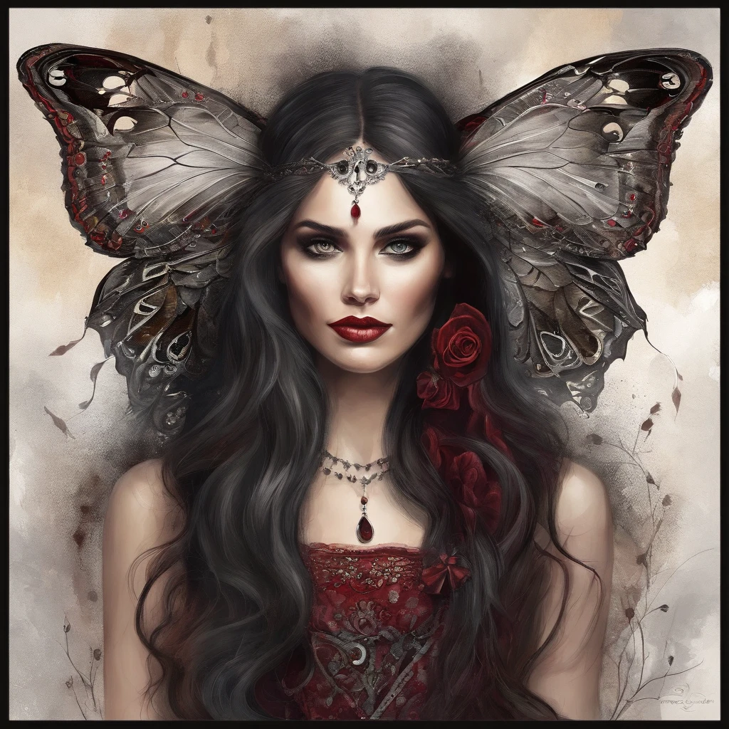 Poker face,,(dark fantasy),((Wonderful illustrations)),(Details fly), long black hair, red pupils, girl, Solid black dress, collar only, The cuffs and skirt are dark red, There is a red butterfly hairpin pinned next to her ear., masterpiece, best quality, high quality, scarf,, Red and black crystal necklace,