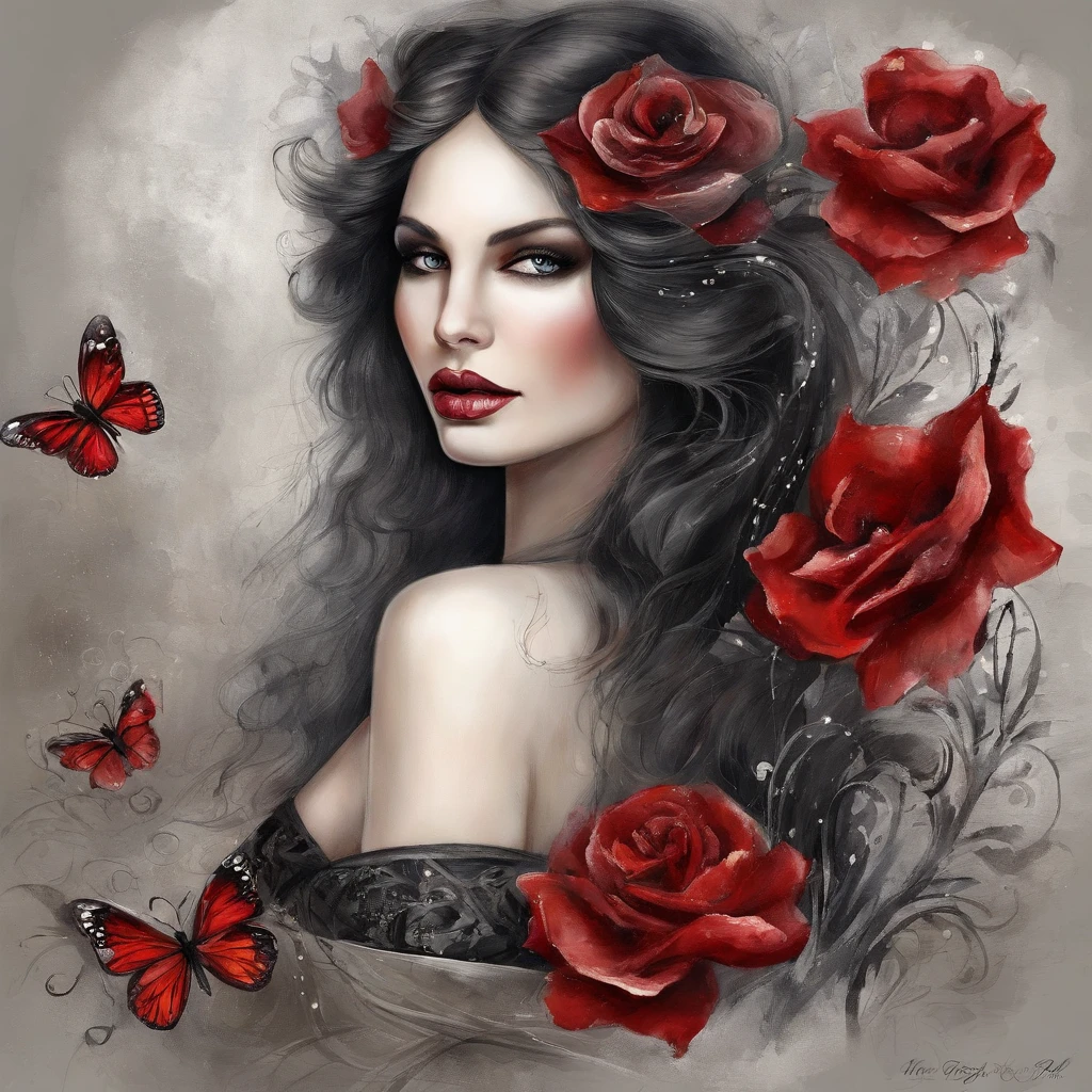 Poker face,,(dark fantasy),((Wonderful illustrations)),(Details fly), long black hair, red pupils, girl, Solid black dress, collar only, The cuffs and skirt are dark red, There is a red butterfly hairpin pinned next to her ear., masterpiece, best quality, high quality, scarf,, Red and black crystal necklace,