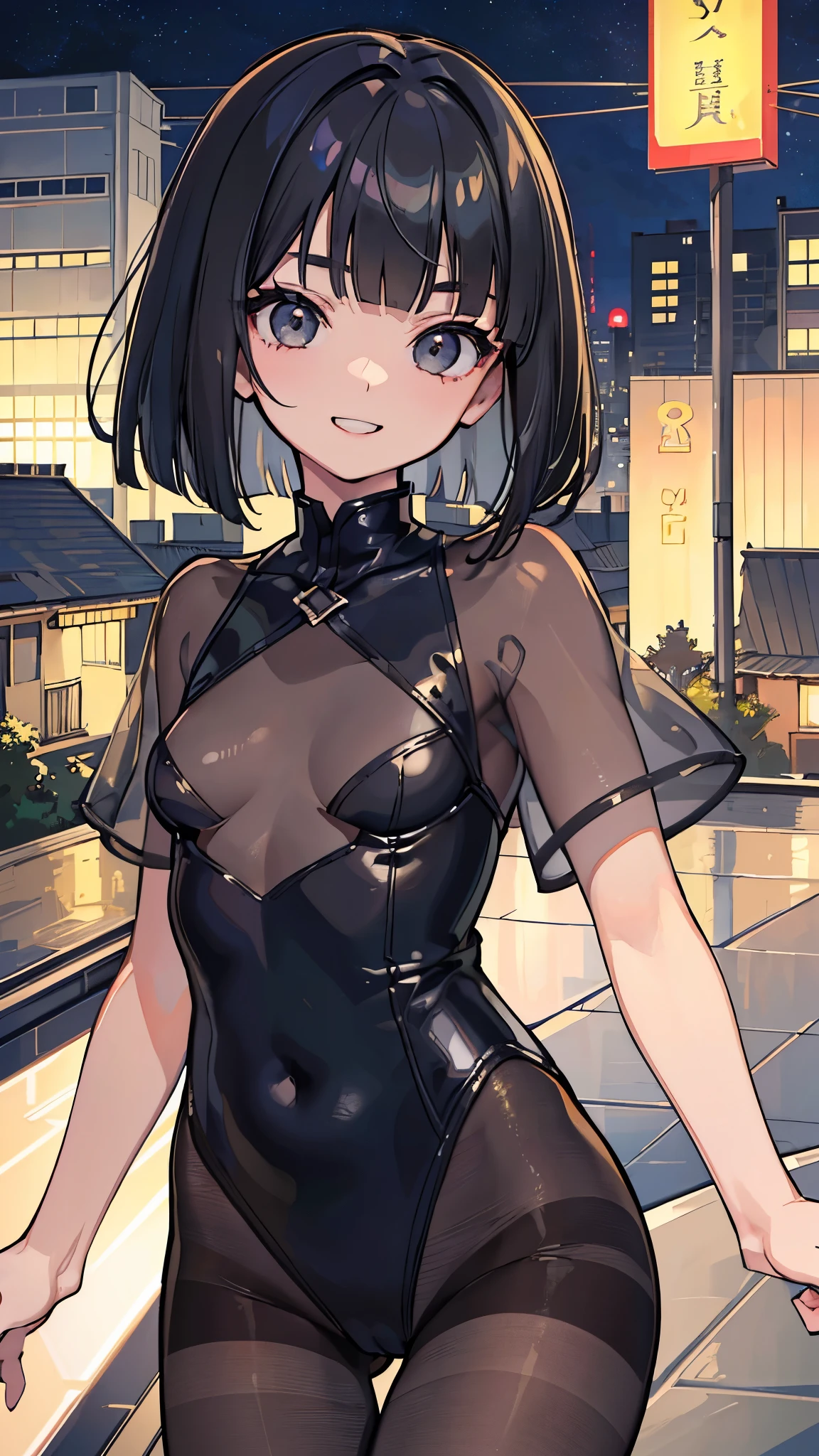 (8K、Highest image quality、highest quality、masterpiece)、detailed face、1 girl、black hair、bob cut、blunt bangs、gray eyes、tooth、smile、small breasts、serafuku、short sleeve、leotard、black pantyhose、cowboy shot、Taken from above、rooftop、Overlooking the night view、