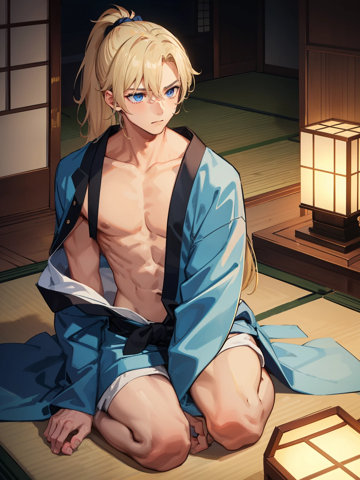 1boy，Masculinity，blond hair，ponytail，blue eyes，no bra，A Japanese-style room，late at night，alone，kimono