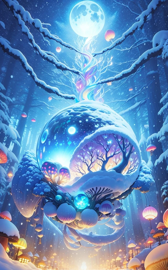 beautiful magic ball，full of magical energy，Bright colors，Snow Forest and Creation Mushroom，Lights create glowing butterfly，big moon，Blue River，Cherry blossoms，more followers