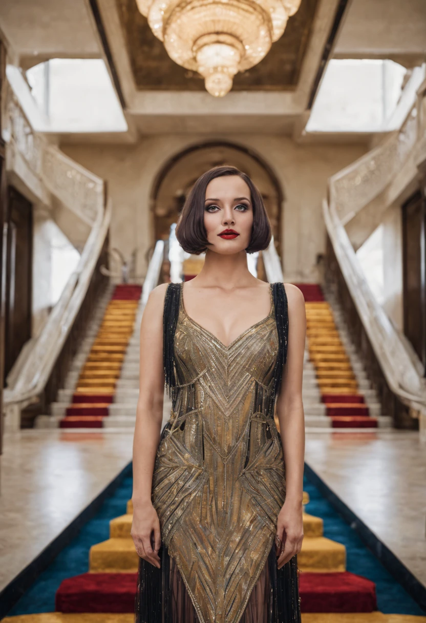 Art Deco, Art Deco style, Art Deco lobby, grand staircase, geometric patterns, gold and chrome accents, flapper girl descending, sleek bob haircut, beaded gown, (opulence), (symmetry), (high contrast), (vibrant), (1920s elegance) . geometric shapes, bold colors, luxurious, elegant, decorative, symmetrical, ornate, detailed, sleek, geometric forms