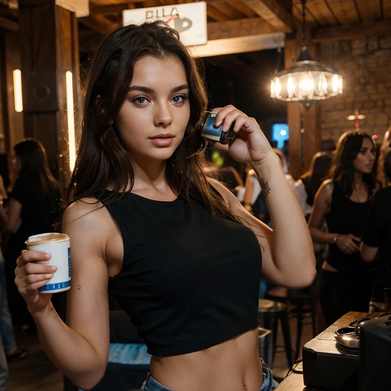 Albanian, girl, brown hair, blue eyes, short black top, Ibiza, drinking coffee, flashlights, heavy metal party