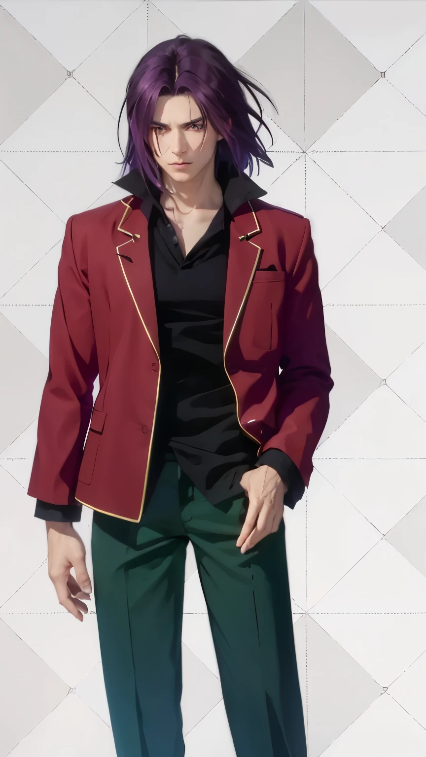 ultra realistic picture of anime male character Ryuuen Kakeru, standing,delinquent, dark purple hair, medium middle part hairstyle, dark purple eyes, fierce face, cruel expression face, sharp eyebrows, wear school uniform, red blazer with yellow lines, black shirt half chest open, dark green pants, anime character, classroom of the elite, white background, detailed skin texture, ultra quality rendering,