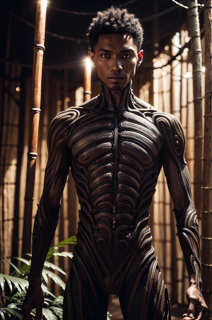 (a supernatural black Brazilian male entity:1.1, half man:1.1, half worm, technorganic saber:1.1), (medium:1.2, digital art), detailed human ???????, worm-like exoskeleton, glowing eyes, intricate tribal design, jungle background, vibrant colors, dramatic lighting