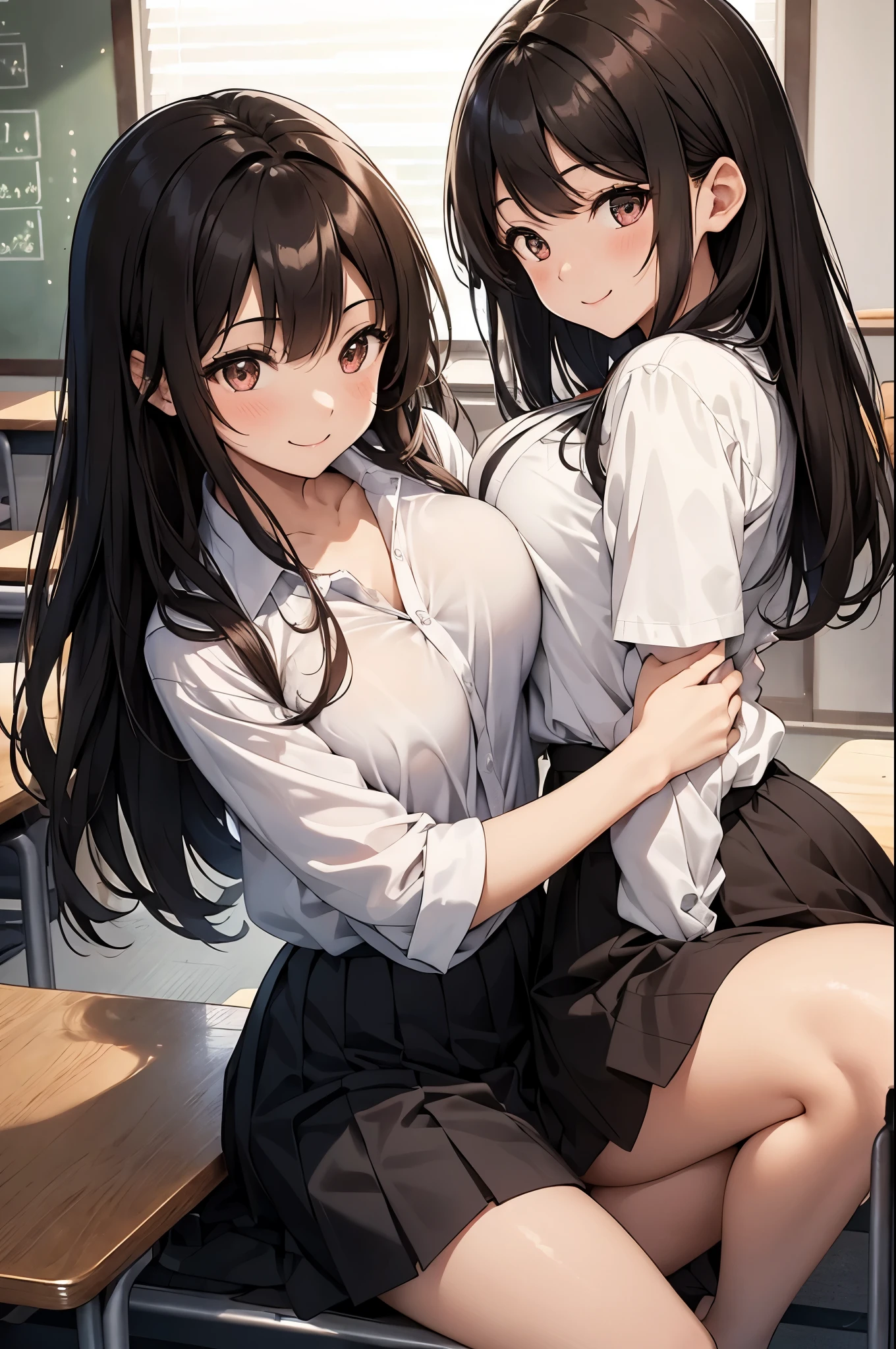 Full body, Japanese high school students, two girls, a girl with short brown hair and a girl with long black hair, cute, big eyes, small nose, big breasts, slender, shirt, classroom, cuddling, smiling,