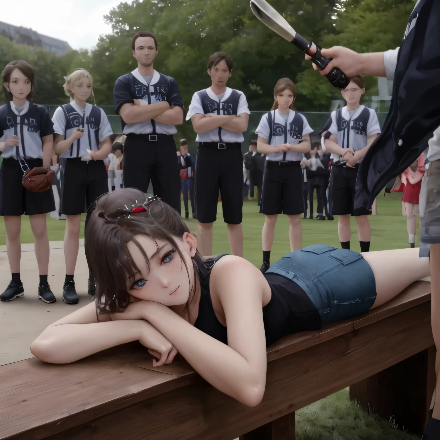 il y a une très jeune fille allongée sur un banc avec une grande batte de baseball avec pointes  , fesses rondes, Film encore d’un fatigué, Film primé, Image tirée d’un film d’action en direct, Photo promotionnelle, Un film fixe, promo encore, Image du film, Image promotionnelle du film, Image du film, Film fixe de haute qualité, 2 0 1 7, 2017