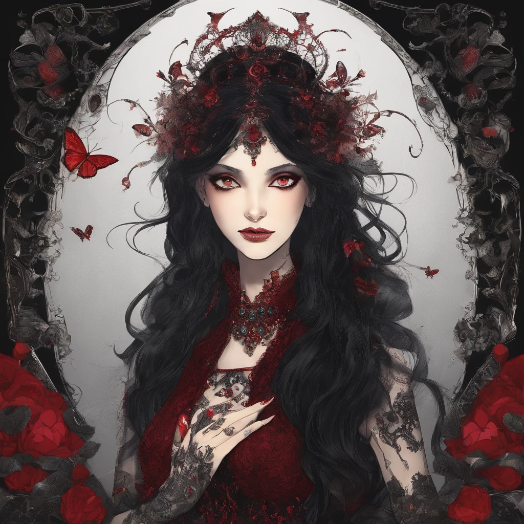 Gorgeous vampire woman in black lace, red eyes, tan skin, story book style, warm dreamy lighting, matte background, volumetric lighting, pulp adventure style, fluid acrylic, dynamic gradients, bold color, illustration, highly detailed, simple, smooth and clean curves, vector art, smooth, character design, 3d shadowing, cinematic, ornate motifs, elegant organic framing, hyper realism, masterpiece collection, bright lush colors, penumbra, alcohol paint, wet gouache