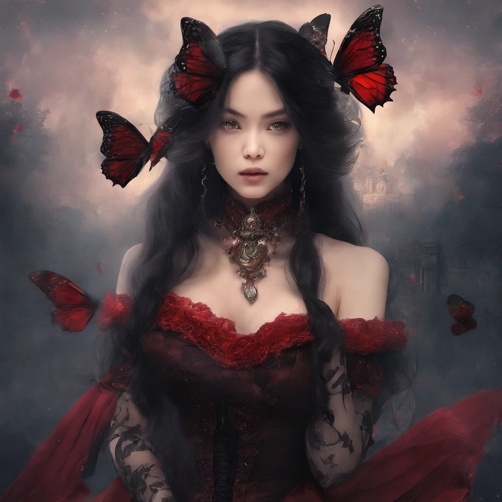Poker face,,(dark fantasy),((Wonderful illustrations)),(Details fly), long black hair, red pupils, girl, Solid black dress, collar only, The cuffs and skirt are dark red, There is a red butterfly hairpin pinned next to her ear., masterpiece, best quality, high quality, scarf,, Red and black crystal necklace,