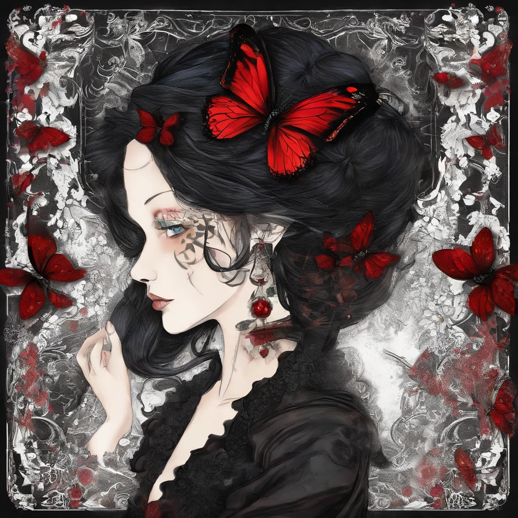 Poker face,,(dark fantasy),((Wonderful illustrations)),(Details fly), long black hair, red pupils, girl, Solid black dress, collar only, The cuffs and skirt are dark red, There is a red butterfly hairpin pinned next to her ear., masterpiece, best quality, high quality, scarf,, Red and black crystal necklace,