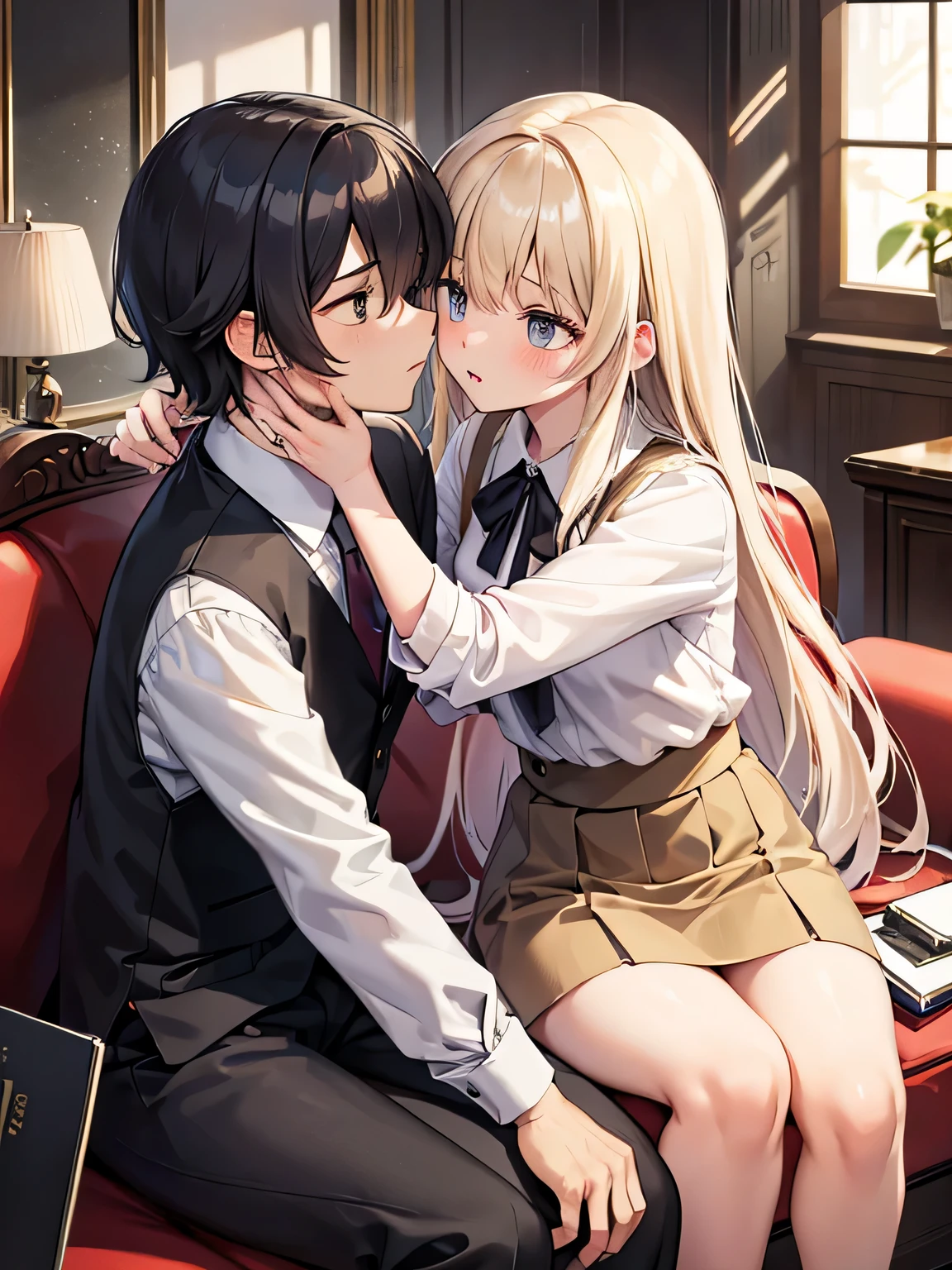 (1) a couple is kissing.
(2) woman has long hair, She is wearing a blouse and a knee-length flared skirt..
(3) The man has a hairy head in a suit.
(4) The location is the living room of a Western-style room..