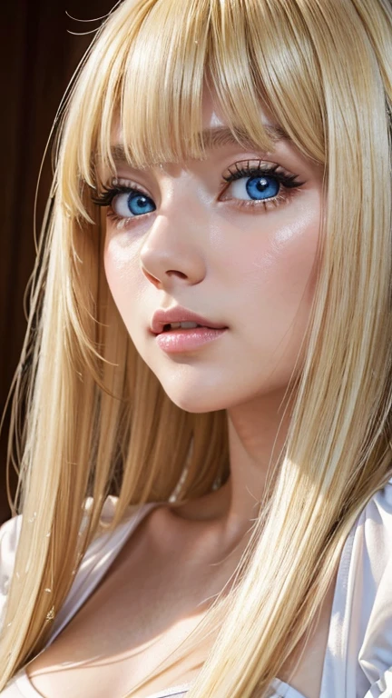 1 girl, 19 years old, solo, super long straight hair, huge , bright look、Looking at Viewer, ((Glossy bright silky blonde hair))、Very beautiful eyes and disheveled bangs between the nose and eyes、white skin、Shining beautiful skin、Glossy skin、gross face、cheek gloss、small face beauty、bare shoulders, jewelry, whole body, (Highly detailed 8K wallpaper), soft lighting, high quality, film grain, Fujifilm XT3 sharp focus, F 5.6, high detail, Tits sharp focus,(natural light), (Close-up:1.2), (seductive tits), off shoulder t-shirt, Reality, sexy、She has beautiful big bright pale blue eyes、very big eyes、eyeliner、young face、round face、cheek glossハイライト