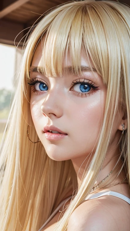 1 girl, 19 years old, solo, super long straight hair, huge , bright look、Looking at Viewer, ((Glossy bright silky blonde hair))、Very beautiful eyes and disheveled bangs between the nose and eyes、white skin、Shining beautiful skin、Glossy skin、gross face、cheek gloss、small face beauty、bare shoulders, jewelry, whole body, (Highly detailed 8K wallpaper), soft lighting, high quality, film grain, Fujifilm XT3 sharp focus, F 5.6, high detail, Tits sharp focus,(natural light), (Close-up:1.2), (seductive tits), off shoulder t-shirt, Reality, sexy、She has beautiful big bright pale blue eyes、very big eyes、eyeliner、young face、round face、cheek glossハイライト