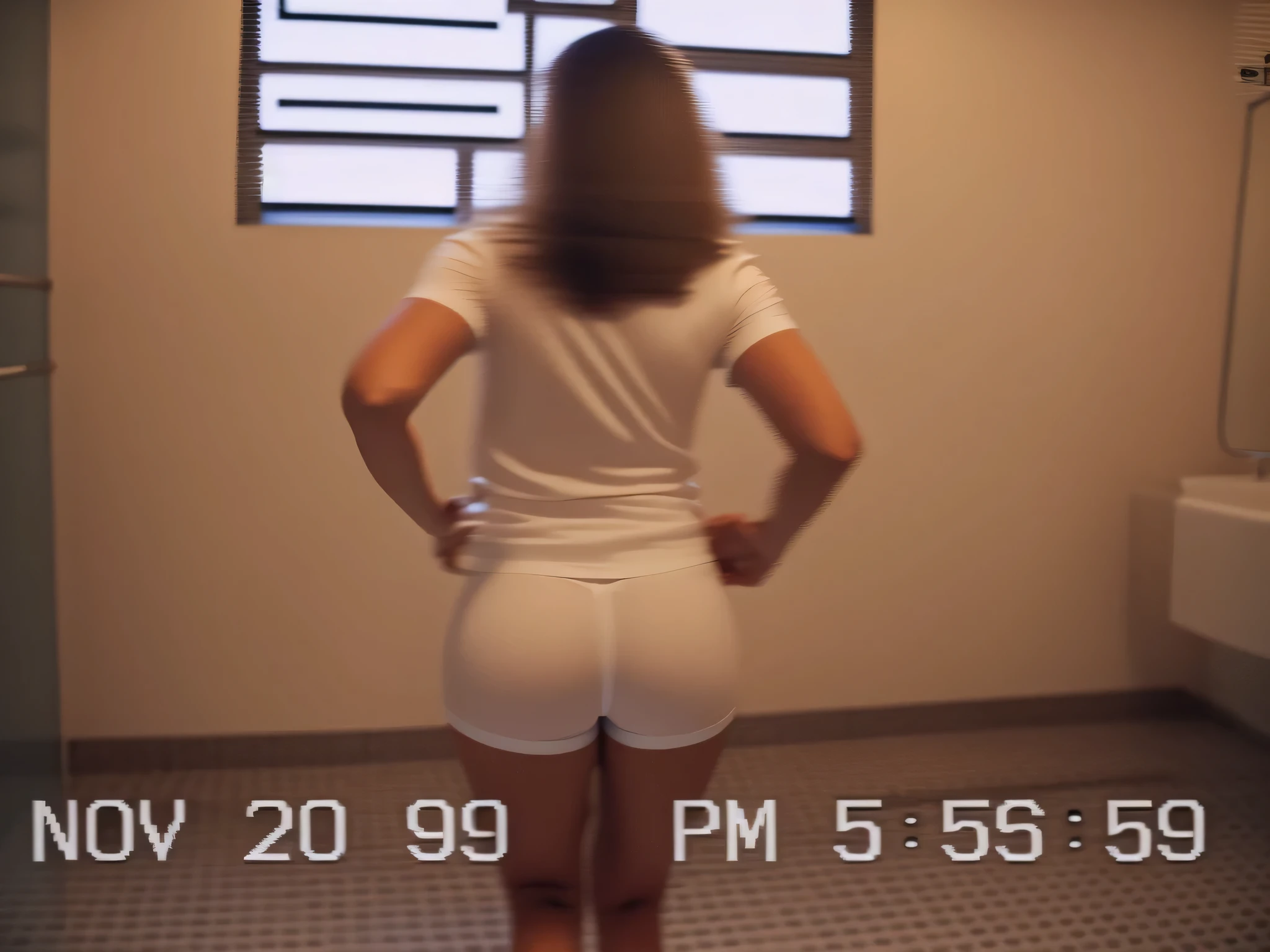 mulher de short branco justo e curto, camiseta branca, Standing in the bathroom, quadris insanamente. Ela tem cerca de 30 anos, pesa cerca de 53 quilos e tem 162 cm de altura. Pele branca, pernas bem torneadas, legs with some muscles,  apta, corpo perfeito. Limpar foto, alta qualidade, high resolution, obra de arte, 8k.
